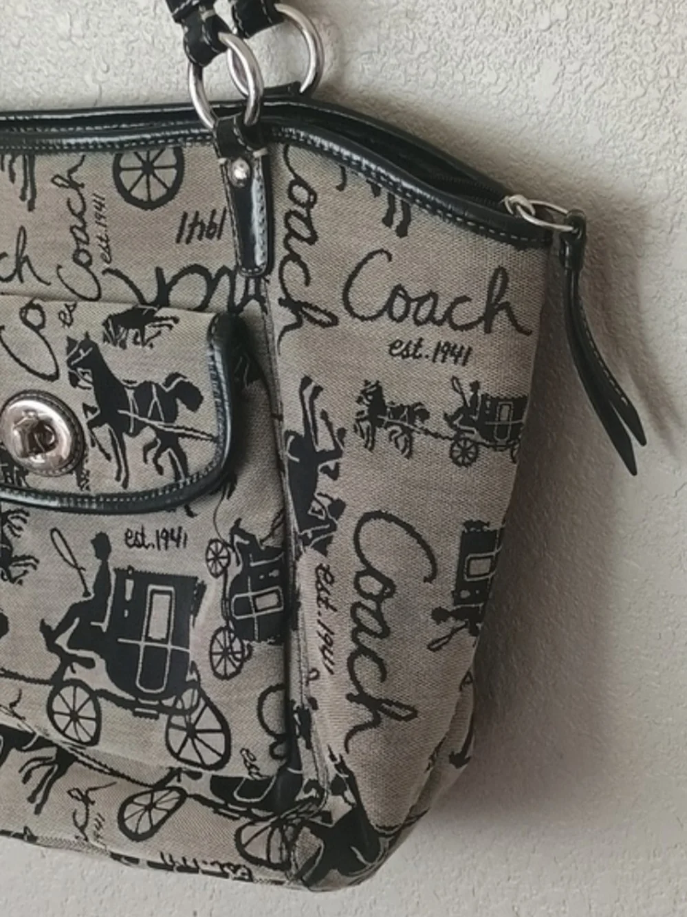 Coach Black and Cream Signature Horse & Carriage Shoulder Bag